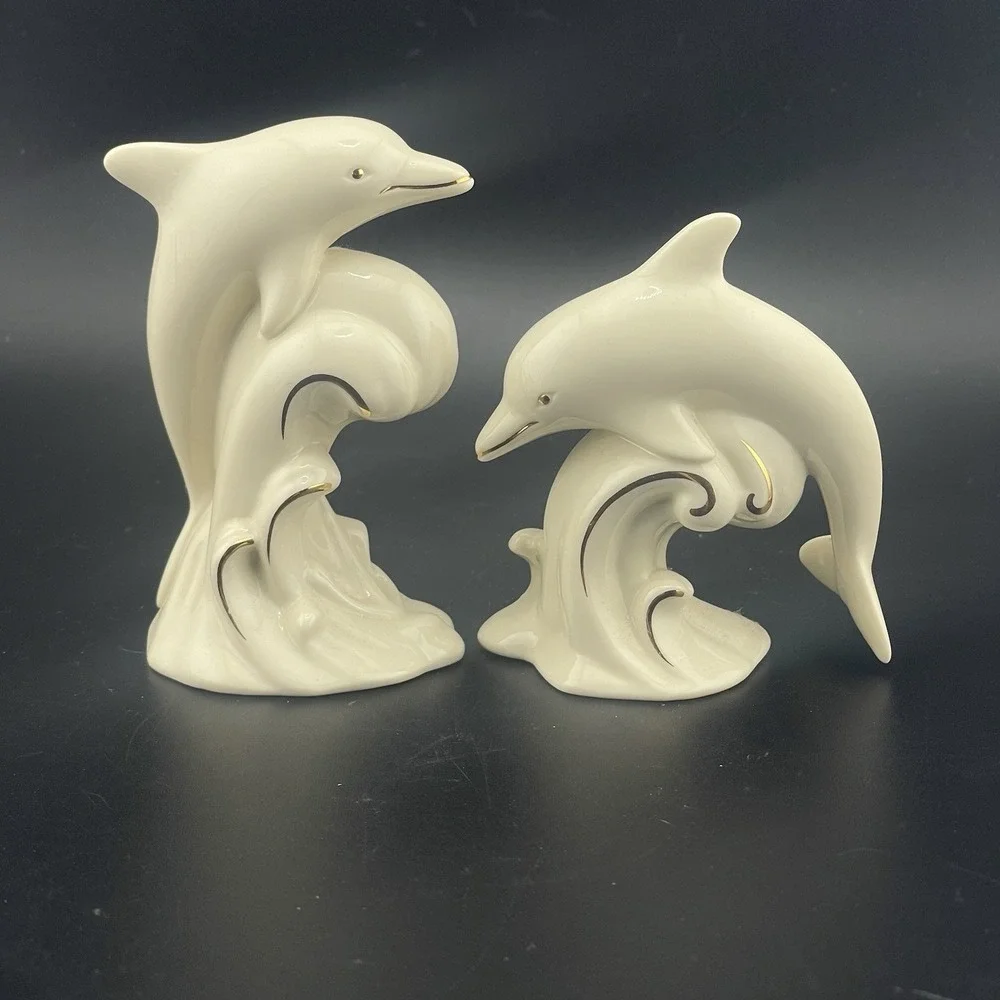 Lenox Dive Dancing Dolphins Ivory Porcelain 24 Karat Gold Figurines Set Lot of 4